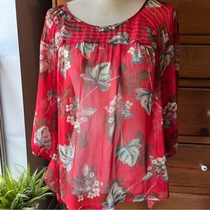 Lauren Conrad LC Blouse XL Red Floral Gold Thread Semi Sheer